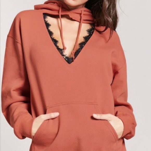 F21 Lace Trim V-Neck Oversized Hoodie - Picture 1 of 6